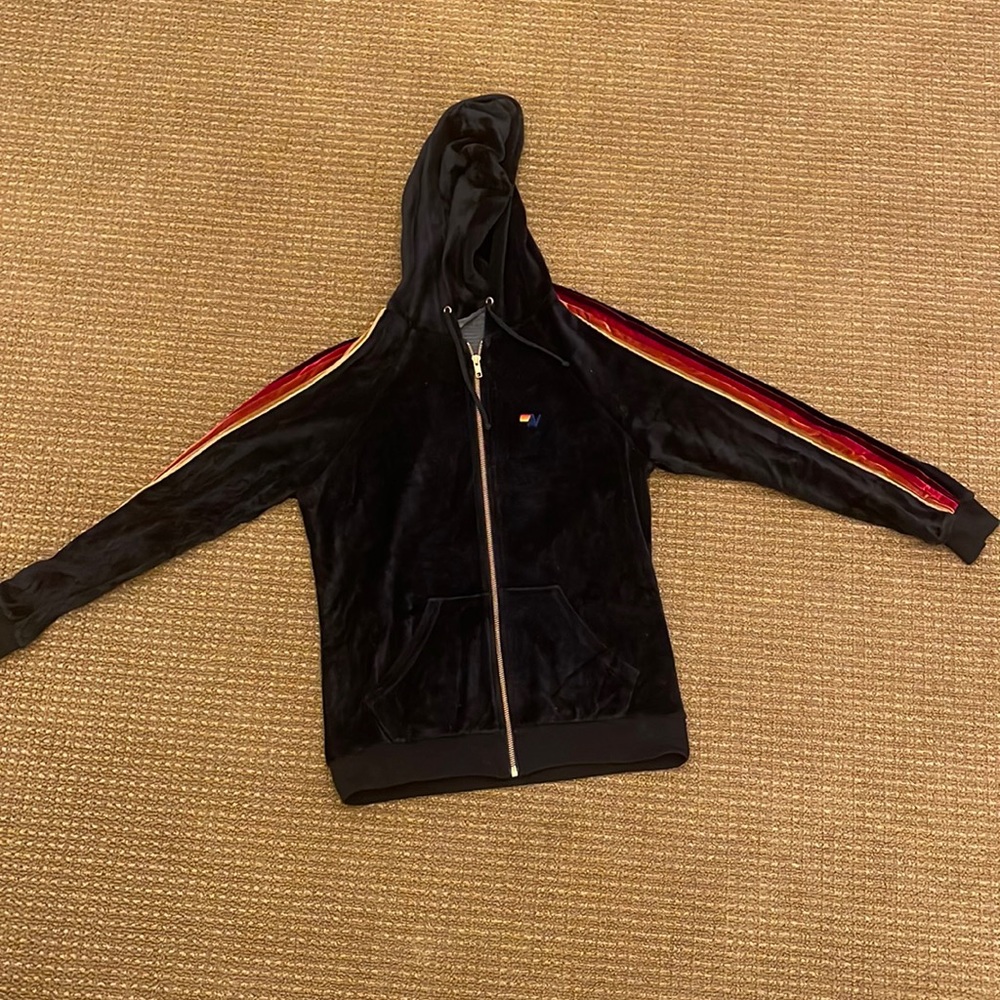 AVIATOR NATION VELVET HOODED SWEATSHIRT- Black w multi colored stripes